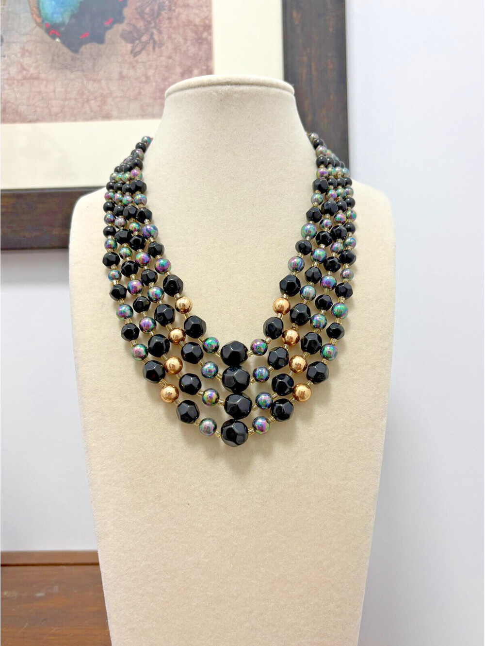 Vintage Japan Black Gold and Iridescent Beaded 4 Strand Necklace MCM Glam 14-16"